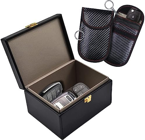 pobowlgarls Faraday Box with 2 Pack FaradayPouch for Car Keys, Keyless Entry Car Key Signal Blocking Box, RFID Anti-Theft Faraday Cage, Car Key Fob Protector for Car Phone Credit Card Security (M)