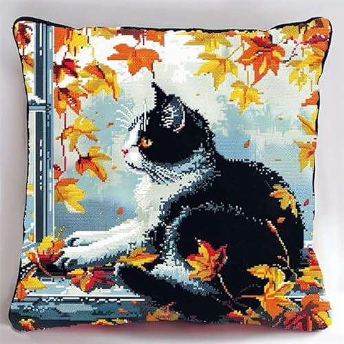 WallustrioaW Kit de Coussin avec Crochet à Loquet,Feuilles d'érable et chats animaux,Kits de Crochet pour Enfants Adultes Débutants,Kit Coussin au Point Noué,Housse de coussin à broder,43x43cm