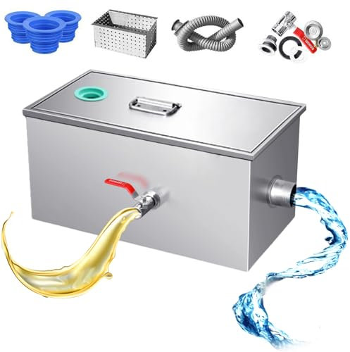 Intercepteur de graisse commercial, 25 L, filtre à graisse multicouche sous évier avec déflecteurs amovibles et 1 entrée supérieure pour restaurant, cuisine, séparateur d'eaux usées A