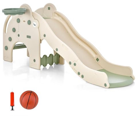 HOMASIS 4 in 1 Parco Giochi Bambini con Scivolo a Onda, Canestro, Scale e Tunnel, Scivolo per Bambini a Forma di Elefante con Pallone e Pompa, Giochi da Giardino per Bambino da 18+ Mesi (Verde)