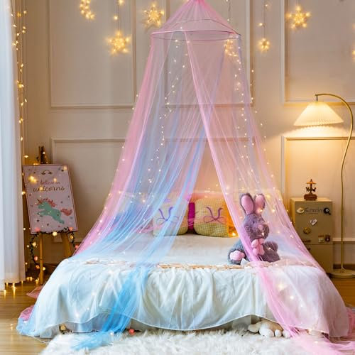 Wnqou Mosquito Net for Bed, Large Dome Canopy Mosquito Net for Single/Double Bed, Girls Room Drcor,Easy Installation for Travel and Home (Pink Blue+Lights)