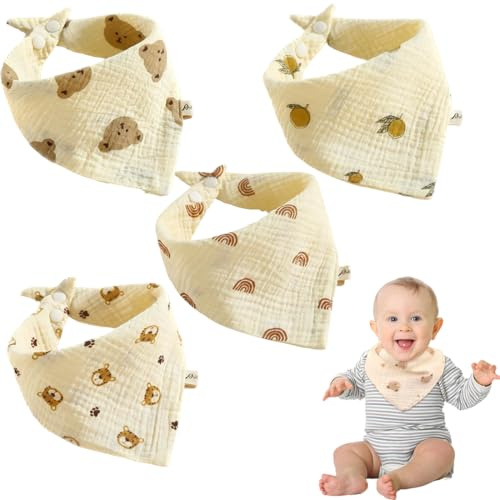 RVYEIOP 4 Baberos de bebé, Suaves y absorbentes, de Muselina, Baberos para Las babas y pañales con Botones a presión para bebés y niños pequeños