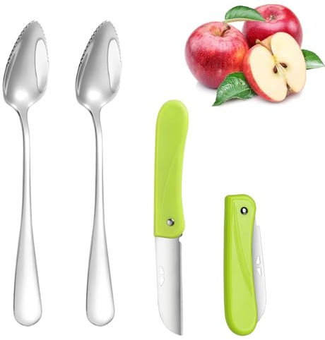 Hinapan 4 pezzi di cucchiaio di pompelmo, con 1 coltello pieghevole, cucchiaio in acciaio inossidabile con denti, bordo frastagliato e maniglia spessa, cucchiaio di frutta per kiwi