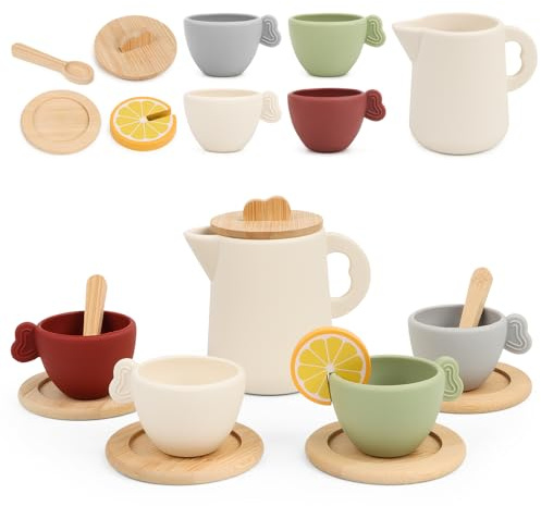 Encuryna Juego de té de Halloween de 13 piezas para niños, juego de té de silicona y madera, accesorios de cocina para fiestas de té, juegos de rol, accesorios de cocina, juego de té, juego de vajilla