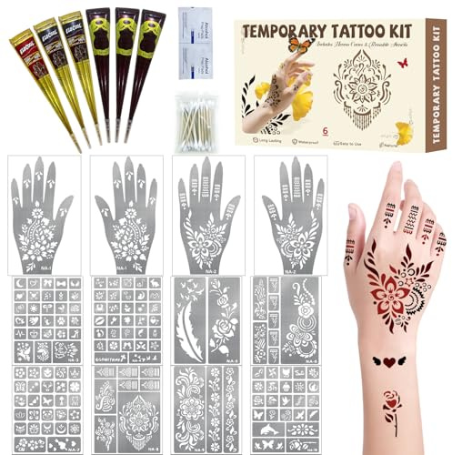 Gabizafia 136 PCS Henna Tattoo Stencil Kit, 6 PCS Ink Brown Black Cherry Red Henna DIY Face Body Art Mehndi Henna Stencils Skin Painting Tattoos Kit for Adult Women Men Bridal Wedding Ramadan Party