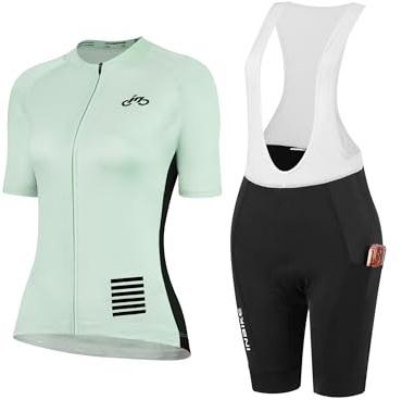 INBIKE Fahrradtrikot Set Damen Bib Shorts Gepolstert + Fahrradtrikot mit 3 Taschen Kurzarm Fahrradbekleidung Radtrikot Fahrradhose Kurz Radlerhose Sommer Atmungsaktiv Schnelltrocknend Mintgrün XL