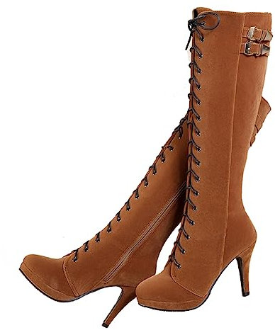 getmorebeauty Damen Wildleder Schnalle Rock Schnürschuh Reißverschluss Kniehohe Stiefel High Heel Stiefel, Braun, 37.5 EU