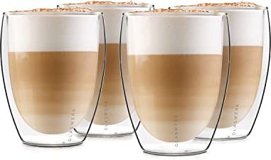 GLASWERK Doppelwandiges Latte Macchiato Design Glas (4 x 330 ml) Kaffeetasse Design - doppelwandige Tasse, transparente Tasse, spülmaschinenfeste Teetasse, Kaffeetasse