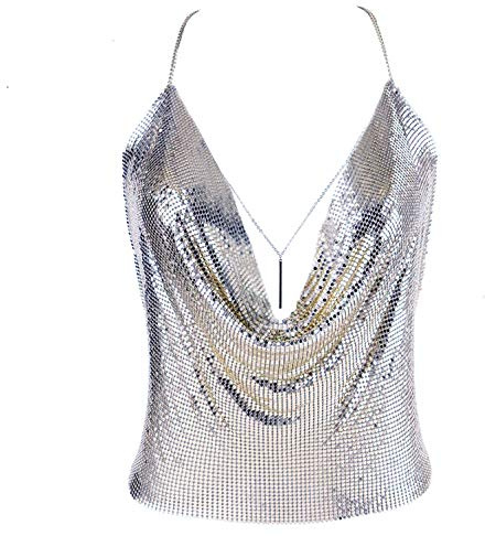 Silver Tops for Women, Sparkly Sexy Crop Chain Top for Women Metal Mesh