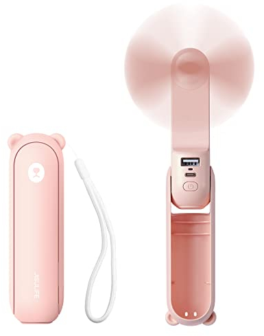JISULIFE Mini Handventilator, 3-in-1 Handventilator, wiederaufladbarer USB [12–19 Betriebsstunden] mit Powerbank, Taschenlampe, tragbarer Ventilator für Reisen/Sommer, Geschenke für Frauen-Rosa