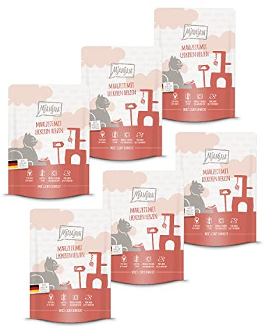 MjAMjAM - nourriture humide premium pour chat - Repas Quetschie aux délicieux cœurs, pack de 6 (6 x 300 g), sans céréales avec supplément de viande