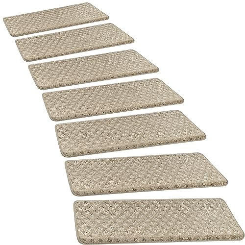 PURE ERA Bullnose Carpet Stair Treads Tape Free Non-Slip Indoor Stair Protectors Pet Friendly Stair Treads for Wooden Steps 9.5 x 30(14 Pieces,Cream Gray Mini-Diamond Trellis)