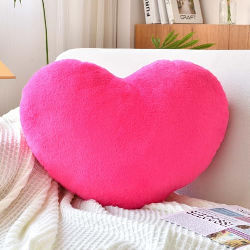 XVTRU Hot Pink Heart Pillows, Cute Heart Decorative Pillow, Heart Shaped Throw Pillows for Bed, Faux Rabbit Fur Plush Hoom Decor Pillow Cushion for Chair Sofa Living Room (Mini 12.9 x 9.8)