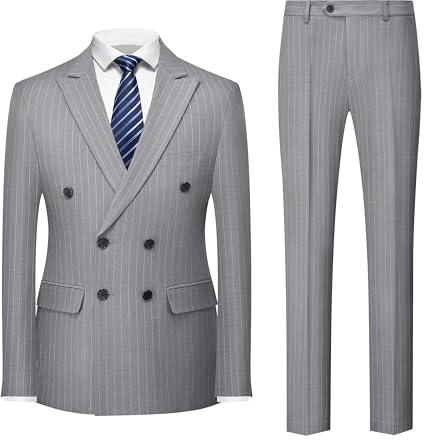 MOGU Mens Double Breasted Pinstripe Suit 2 Piece Slim Fit Tuxedo Formal Jacket and Pants for Business Wedding Prom Size L Light Grey