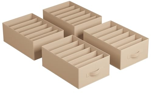SONGMICS Set di 4 Organizzatori per Armadio a 6 Scomparti, Scatole per Biancheria Pieghevoli, Contenitori per Guardaroba, 42 x 30 x 17 cm, per Pantaloni, Vestiti, Beige Sabbia RUS009K01