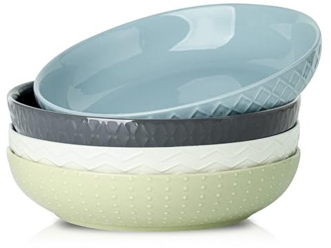 HASENSE Ceramic Pasta Bowls, 42 OZ Ceramic Salad Bowl Set of 4, Large Serving Plate Bowls,Embossment Stoneware Wide and Shallow Pasta Plates for Fruits, Noodle,Colorful