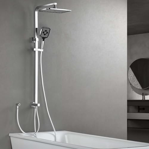 SonTiy Square Shower Riser Rail Kit, XXL Rainfall Shower Head and Hose Set, Adjustable Shower System Set with Brass Shower Diverter, 3 Jet Types Handheld Shower, 5-Year Warranty, Chrome