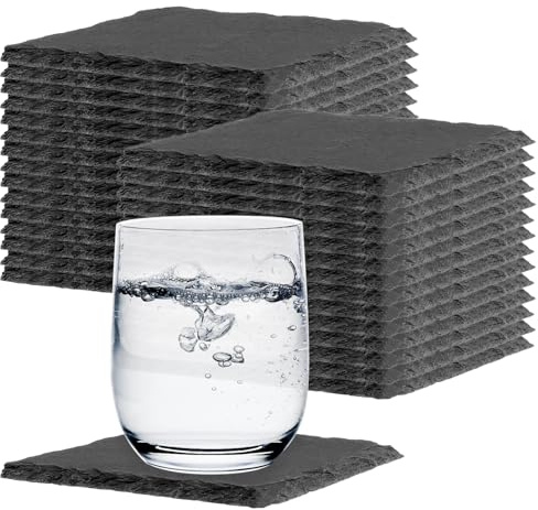 HEIHAK 30 PCS Black Square Slate Coasters, 4 Inch Slate Placemats with Bottom Fixing Pads, Multipurpose Coasters for Bar, Kitchen, Hotel, Restaurant