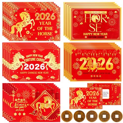 125 Pcs Chinese New Year Scratch Off Fortune Cards with 25 Feng Shui Coins 2026 Year of The Horse Party Fortune Games Red Chinese New Year Scratch Off Cards for Spring Festival Lunar New Year Decor