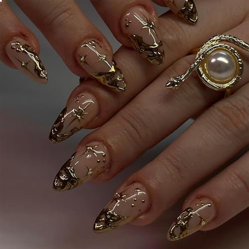 GlamRays Lot de 24 Faux Ongles Amande Avec Rayures Dorées 3D Français Faux Ongles Avec Adhésif - Design Étoiles Acrylique Naturel Couverture Complète