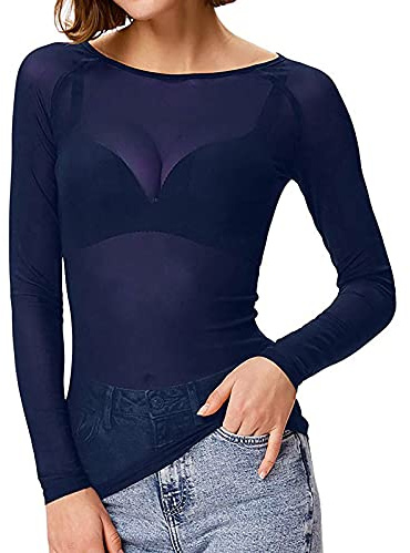 Generico Maglietta Donna Trasparente Maglia Manica Lunga in Rete Camicia Maglie Elegante Camicie Mesh Top Sexy Tunica Bluse Clubwear Casual T-Shirt in Tulle