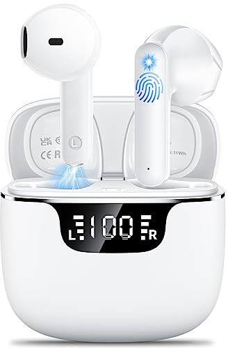 Auriculares inalámbricos Bluetooth 5.4 con 4 micrófonos de cancelación de ruido enc,casco inalámbrico mini HiFi estéreo 42 horas de reproducción,con pantalla LED,auriculares deportivos IPX7,Blanco