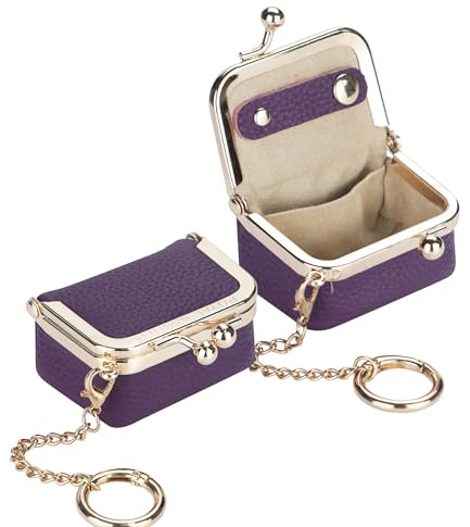 Royal Bagger Genuine Cow Leather Mini Jewelry Box Women's Coin Purse Solid Color Kiss Lock Change Pouch Casual Style Small Storage Bag for Women 1894 (Deep Purple with Chain)