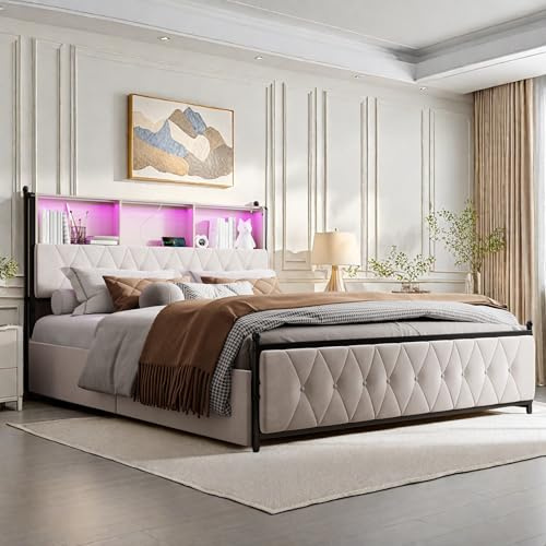 FEEOHOME Bett mit Schublade, 180 x 200 cm, Doppelbett, gepolstert, mit 4 Schubladen, Bett, Truhe mit LED und USB-Aufladung, Bettgestell mit Kopfteil für Erwachsene Jugendliche, Samt, Beige