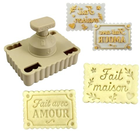 Emporte-pièce à poussoir pour biscuits – PivoFix® personnalisable avec plaques interchangeables – Fabriqué en France (Kit 2 motifs – Fait Maison + Fait avec Amour)