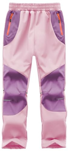 Buyboxs Kids Snow Pants Girls Waterproof Ski Pants Youth Winter Warm Fleece Lined Hiking Trousers Softshell Snowpants, Pink/Purple S