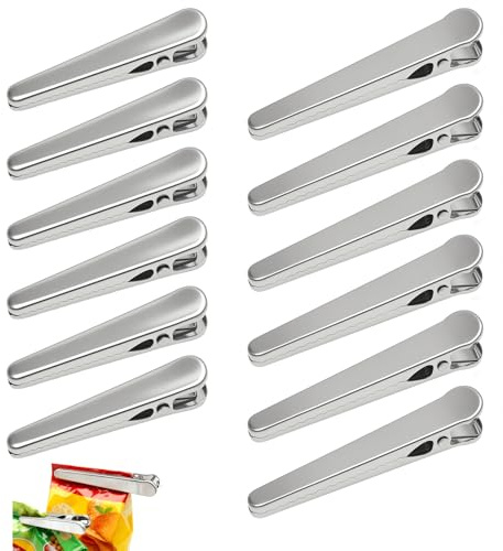 KQDRAVINE 12 Stück Verschlussclips, Verschlussklammern, Metallklammern 6 Große & 6 Kleine Edelstahl Tütenklammern, Verschlussklammern für Beutel, Küchenhelfer, Camping, Lebensmittel, Kaffee, Brot