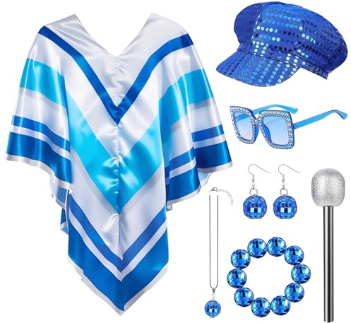 TOYTOPIE Disfraz Disco Años 70 Mujer, Conjunto Accesorios Retro 1970 con Poncho, Boina de Lentejuelas, Gafas Cuadradas, Micrófono Brillante, Pendientes y Collar para Carnaval Fiesta Halloween Disfraz