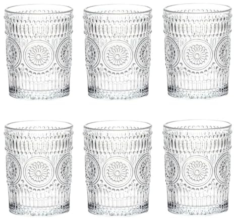 Oceano Set di Vetro in Stile Vintage Retrò Design Rilievo con Motivi Floreali Vetro Trasparente di Alta Qualità per Acqua, Cocktail, Colazione e Dessert Lavabile in Lavastoviglie (SET 6 BICCHIERI)