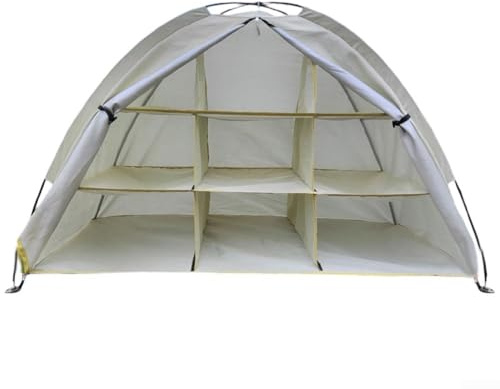 Tragbares Outdoor-Aufbewahrungszelt mit 9 Ablagen, Fiberglas-Rahmen, Camping-Schrank, Organizer für Wanderausrüstung, Oxford-Gewebe, 120 x 50 x 70 cm, Weiß