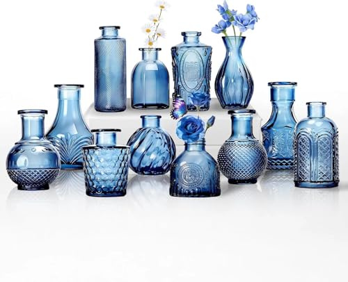 Juego de jarrones de vidrio Sawoake, azul, 12 unidades, estilo vintage con patrón estructurado, para flores y decoración del hogar (azul, 12 unidades)