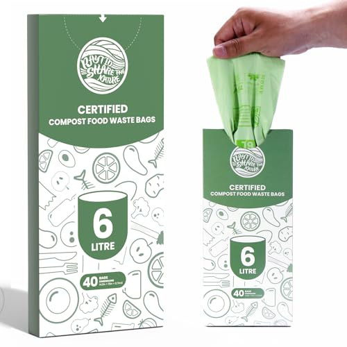 RAYTID Compostable Food Waste Bags 6L 40 kitchen Bin Bags EN13432 | EN13432 certified, Compostable, UK council approved, fits 5L-6L caddies, daily food waste, leakproof, Great value 40-pack