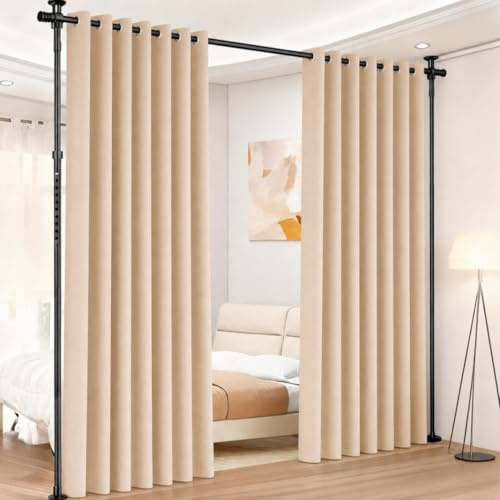 Rumsavskiljare utan borrning, justerbar gardinstång som paraventställ, fristående rumsavskiljare utan gardin, B 70–177 cm x H 122–305 cm, insynsskydd för vardagsrum, sovrum, kontor, svart
