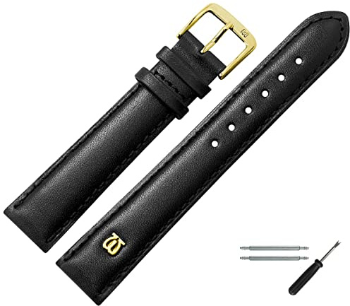 MARBURGER Uhrenarmband 14mm Leder Schwarz Gold Glatt Mit Naht - Montage Set 1001410000220