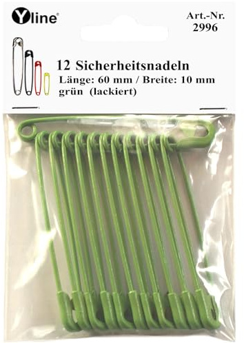 12 spille di sicurezza Maxi 60 mm, grandi, verde (laccate/opaco), aghi per ago, 2996