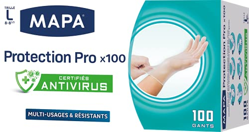 MAPA - Guanti Protection Pro x 100 - Guanti sottili in vinile non polvere e senza lattice - Riciclabili con TerraCycle - Certificati Antivirus - 1 confezione da 100 guanti - Taglia L