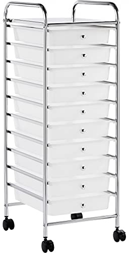 Yaheetech 10 Drawers Plastic Storage Cart, Multipurpose Mobile Organizer Unit with 4 Lockable Wheels, Utility Rolling Trolley for Home Office School Salon & Beauty, White