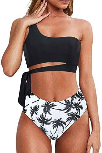 Rayson Donna Vita Alta Costume da Bagno a Due Pezzi Bikini Set Chic Monospalla retrò con Spalline Laterali(Foglie Nere,XL)