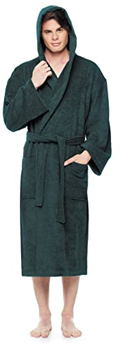 Arus Men's Hooded Classic Bathrobe Turkish Cotton Robe with Full Length Options, Green Large-X-Large