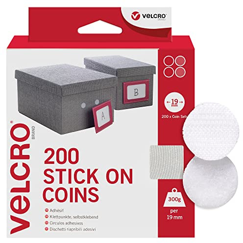 VELCRO Märke Stick On Hook and Loop Mynt Vit 19 mm | 200 självhäftande | Självhäftande mynt, dubbelsidiga krokar och öglor, dubbelsidiga klibbiga självhäftande dynor för hem, skola, kontor