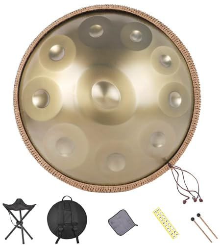 Handpan - 22 Inches D Minor 10 Notes 440Hz Steel Hand Drum for Adults With Soft Bag, Mallet and Stand - Harmonic Percussion for Sound Healing, Personal Meditation, Yoga (Gold)