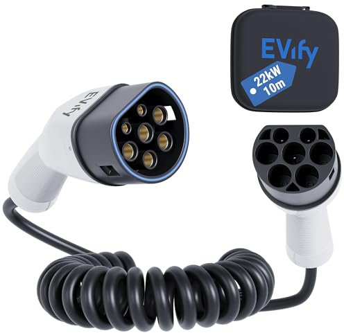 EVify Cavo di ricarica a spirale, tipo 22 kW, 10 m, 32 A, per auto elettrica e ibrido con tasca per cavi, cavo a spirale a 3 fasi per EV PHEV, salvaspazio, adatto per tutte le auto E modello 3 S X Y,