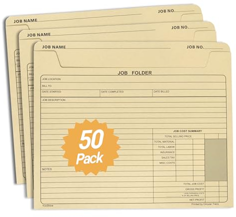 YvnShine 50 Pack Job Folder for Project Management, Heavy Duty Manila File Jacket 10x12 Inch, Preprinted for Job Tracking & Cost Calculation