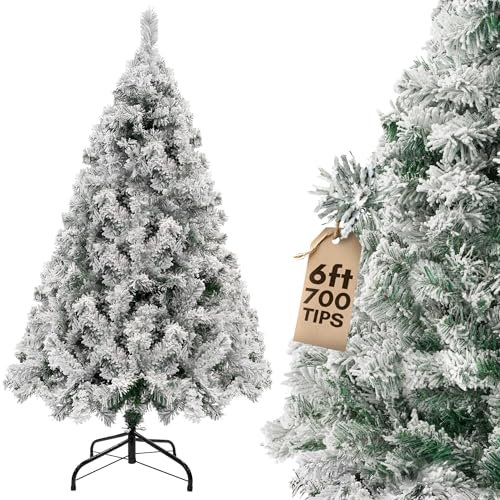 Pelle & Sol 6ft Snow Tipped, Flocked Christmas Tree with 700 Snowy Tips - Artificial Xmas Decorations - Easy Assembly w/Metal Stand, Natural Look Frosted Christmas Tree