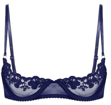Sywiyi Womens See Through Lace 1/4 Cups Balconette Bralette Padded Underwire Push Up Shelf Bra Tops Navy Blue 5XL