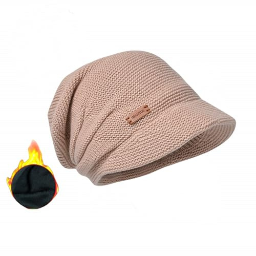 Women Winter Knitted Beanie Hat, Stretch Slouchy Visor Cap, Warm Fleece Lined Brim Skull Cap Soft Elastic Cold Weather Hat Fit 55-60cm Head Circumference for Outdoor Daily Wear (Khaki)